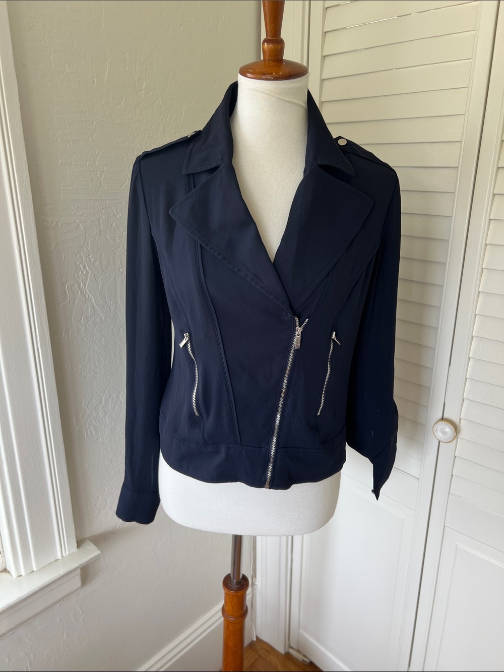 Cache Navy Asymmetrical Zip Motorcycle Jacket